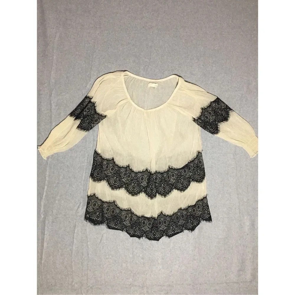 Womens A’reve Anthropologie Blouse Size Medium See Through Mesh Black White Lace